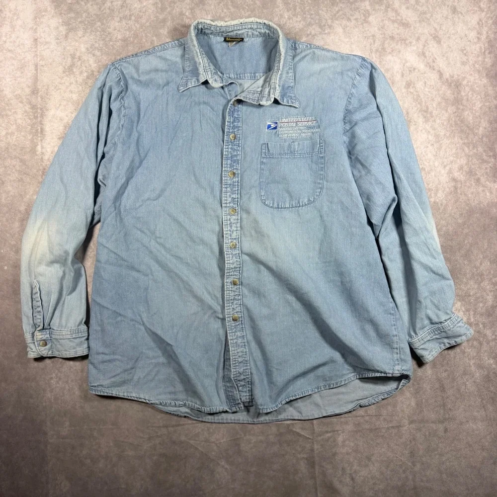 Vintage Nemesis Sportswear USPS Denim Shirt Mens 2XL Blue Long Sleeve USA Made